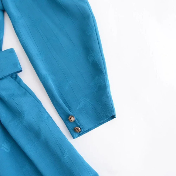 Vintage Teal Midi  Dress with Shoulder Pads & Belt - Picture 9 of 14